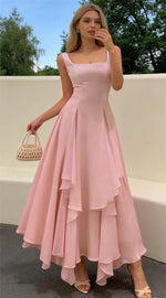 Load image into Gallery viewer, AoeYadtui Elegant Square Neck A-Line Midi Dress Flowy Chiffon Formal Evening Dress for Wedding Guest Bridesmaid Party Pink
