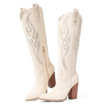 Load image into Gallery viewer, Celbreez Cowgirl Boots with Rhinestone Embroidered Wide Calf Cowboy Boots for Women Pointed Toe Side Zip Western Boots Suede Knee High Boots Chunky Heel Tall Long Boot for Women
