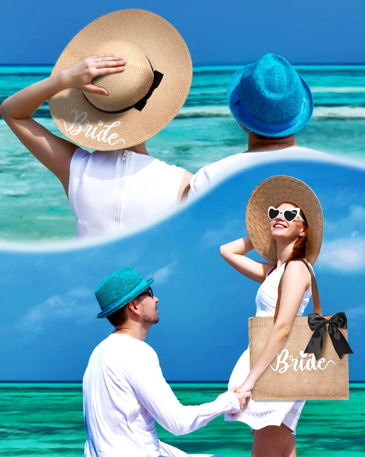 Percozzi Bride Set Including Tote Bag, Sun Hat, and Glasses for Honeymoon, Beach, Bridal Shower, and Summer Wedding Gifts