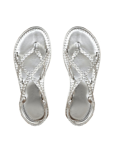 Verdusa Women's Flat Sandals Strappy Dressy Ankle Strap Casual Summer Thong Sandals for Beach Silver 9