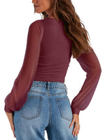 Load image into Gallery viewer, PINKMSTYLE Basic Square Neck Bodysuits for Women Fitted Double Lined Fall Tops Mesh Long Sleeve Shirts Trendy Going Out Tops Burgundy Medium
