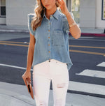 Load image into Gallery viewer, Women&#39;s Denim Top Casual Distressed Button Down Cap Sleeve Ruffle Blouses Summer Sleeveless Collared Jean Shirt
