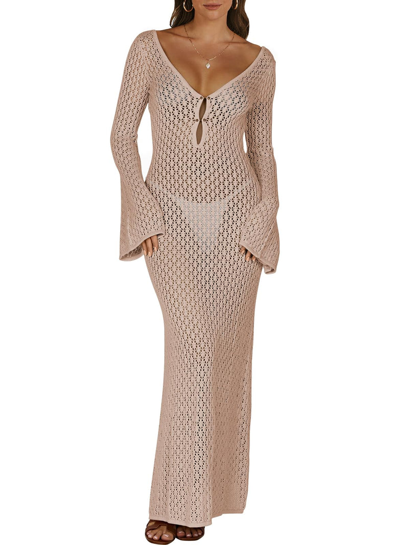 ANRABESS Womens Swimsuit Swim Crochet Cover Up 2025 Summer Knit Bathing Suit Sexy Swimwears Vacation Bodycon Beach Dress Khaki Medium