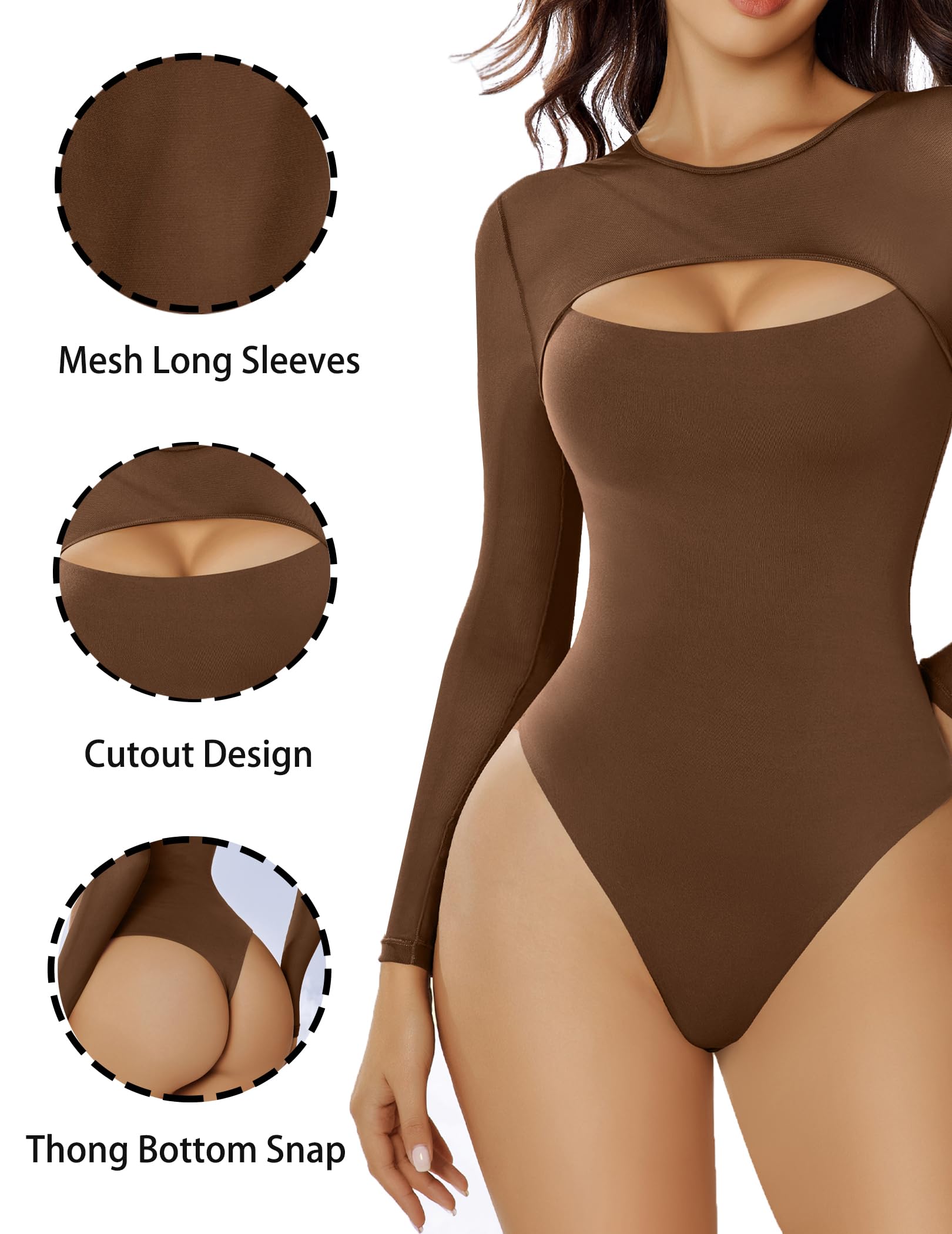 Avidlove Crew Neck Long Sleeve Shapewear Bodysuit Mesh Sheer Cutout Tops for Women Brown M