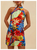 Load image into Gallery viewer, Floerns Women's Sleeveless Floral Print Sundress Halter Neck A Line Short Dress Orange Red Multi Small

