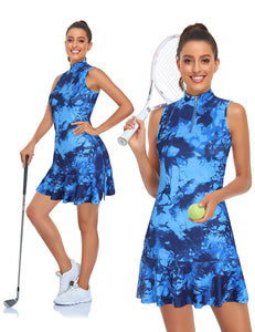 Golf Dresses,Cucuchy Workout Dress for Women Ladies Tennis Apparel Casual Polo Crew Neckline Summer Tank Dresses Cool Flattering Plrated Zip Up Clothes Tie Dye Royal Blue S