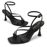 Load image into Gallery viewer, LOOPCHARM Women's Strappy High Heels Sandals Square Open Toe Ankle Strap Slingback Thong Stilettos Shoes for Wedding,Black Pu,7.5
