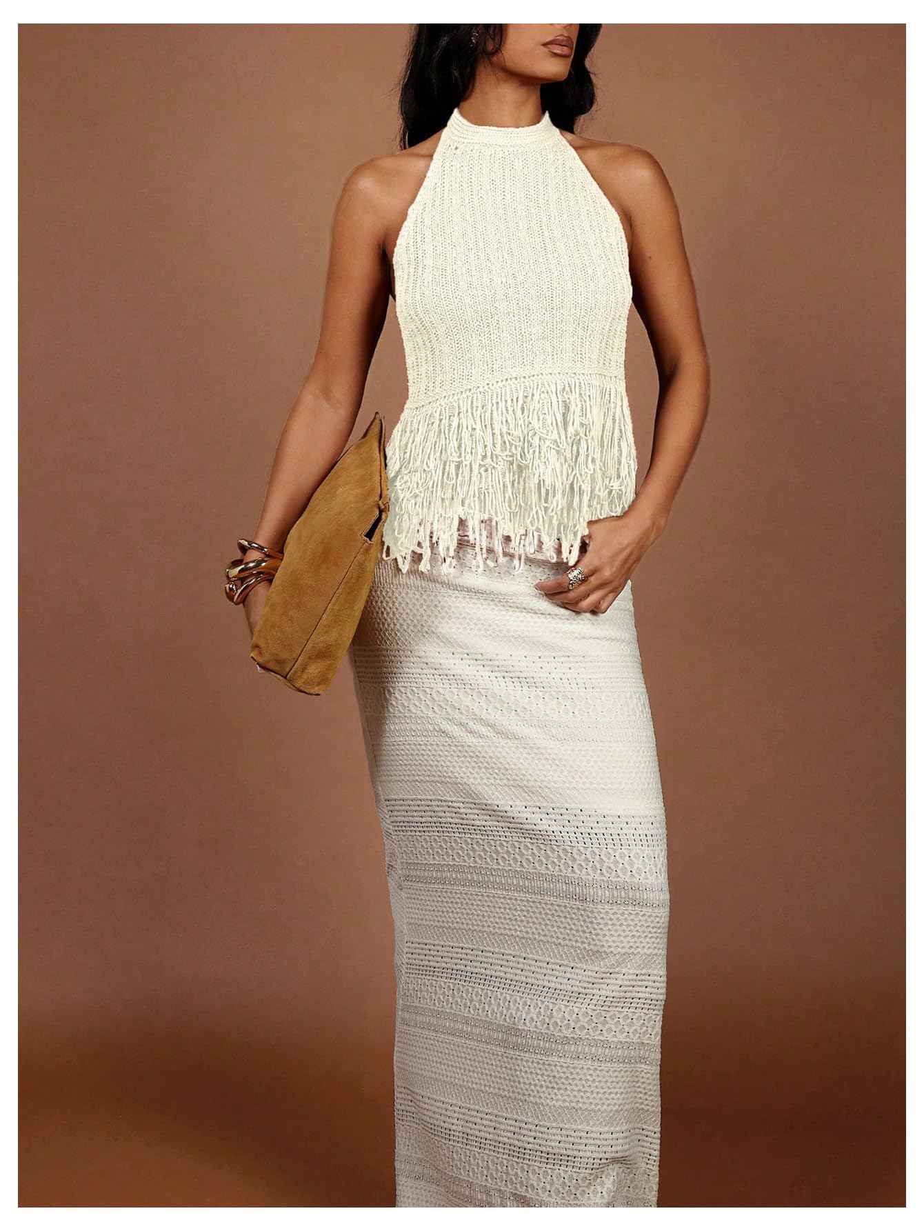 Floerns Women's Summer Fringe Trim Sweater Vest Sleeveless Knitted Going Out Halter Tops White Small