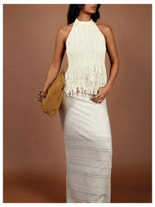 Floerns Women's Summer Fringe Trim Sweater Vest Sleeveless Knitted Going Out Halter Tops White Small