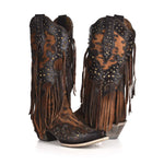 Load image into Gallery viewer, Corral Boots Women's Handcrafted Western Boots | Snip Toe Cowboy Boots with Leopard Print, Fringe and Stud Details
