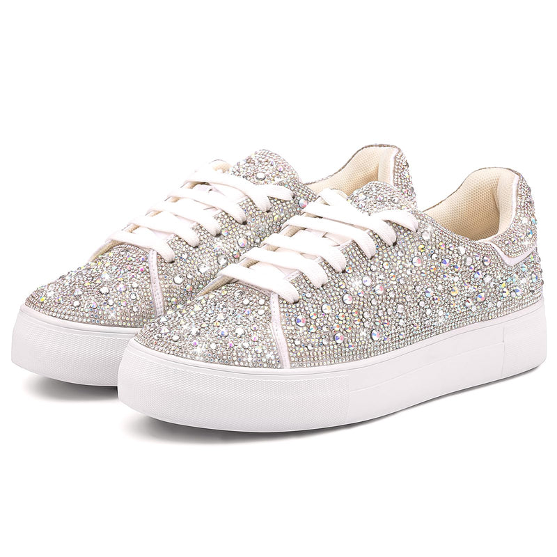 Suokdil Sparkle Rhinestone Sneakers for Women - Bling Fashion Bedazzled Platform Tennis Shoes - White Glitter, Sequin Wedding and Party Shoes