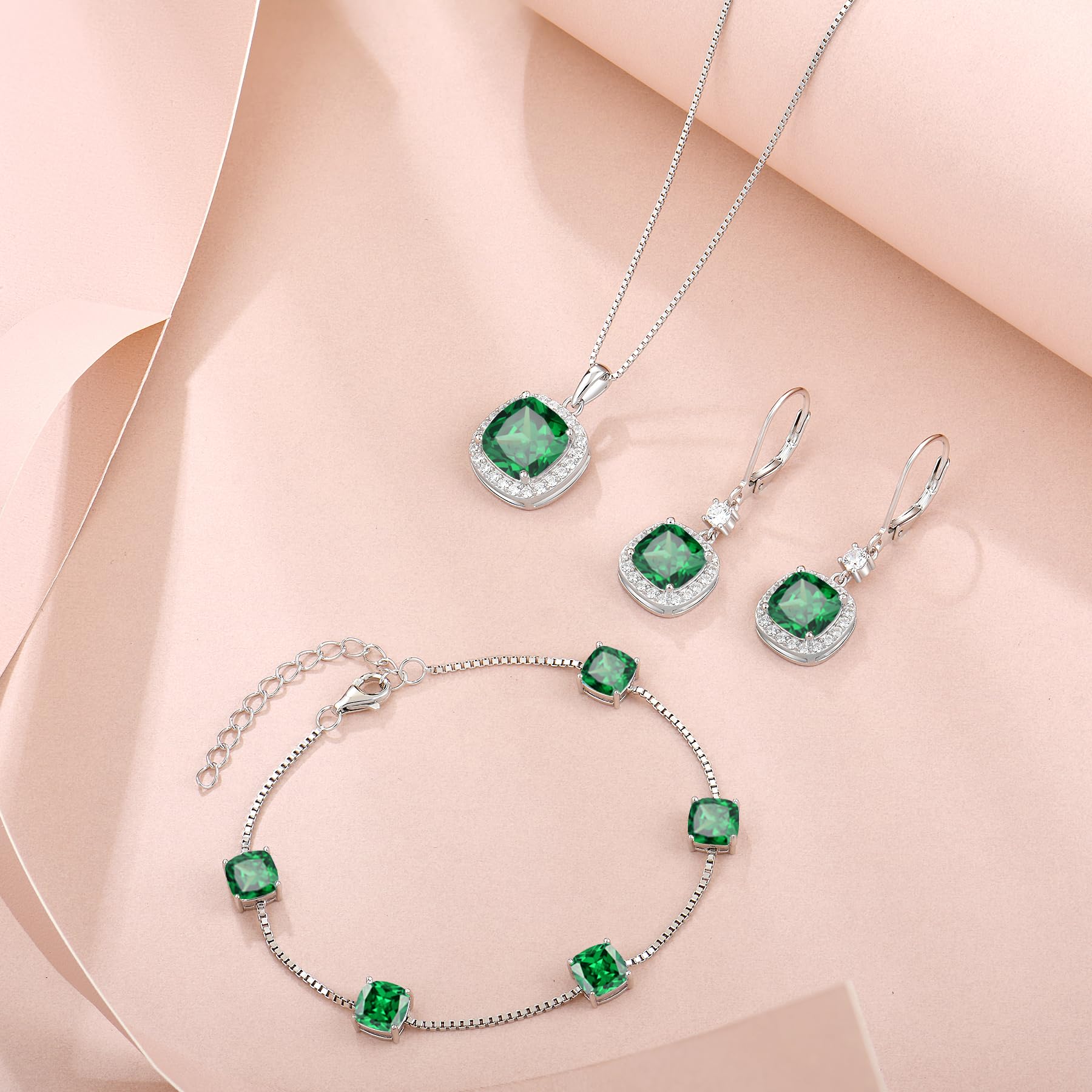 Inpasne Emerald Bracelet for Women 925 Sterling Silver Princess Cut Link Bracelet May Birthstone Jewelry Gifts for Her