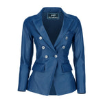 Load image into Gallery viewer, Jild Double Breasted Fancy Buttons Lambskin Leather Blazer Women - Kim Kardashian Long Sleeve Coat Style Leather Jacket Women (FC-Blue-M)
