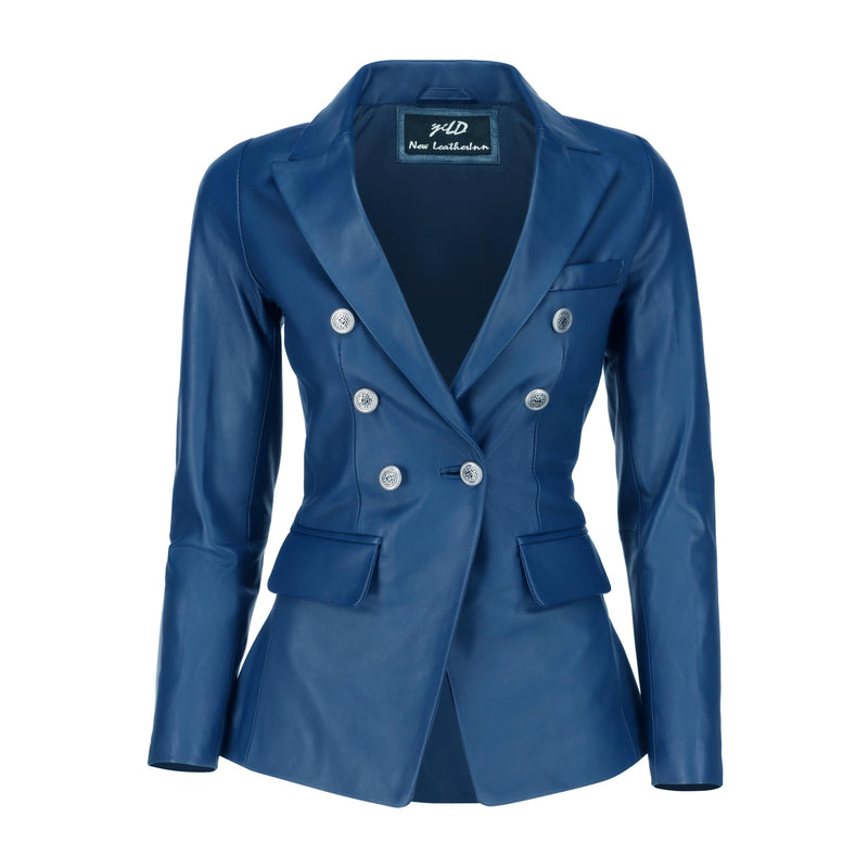 Jild Double Breasted Fancy Buttons Lambskin Leather Blazer Women - Kim Kardashian Long Sleeve Coat Style Leather Jacket Women (FC-Blue-M)