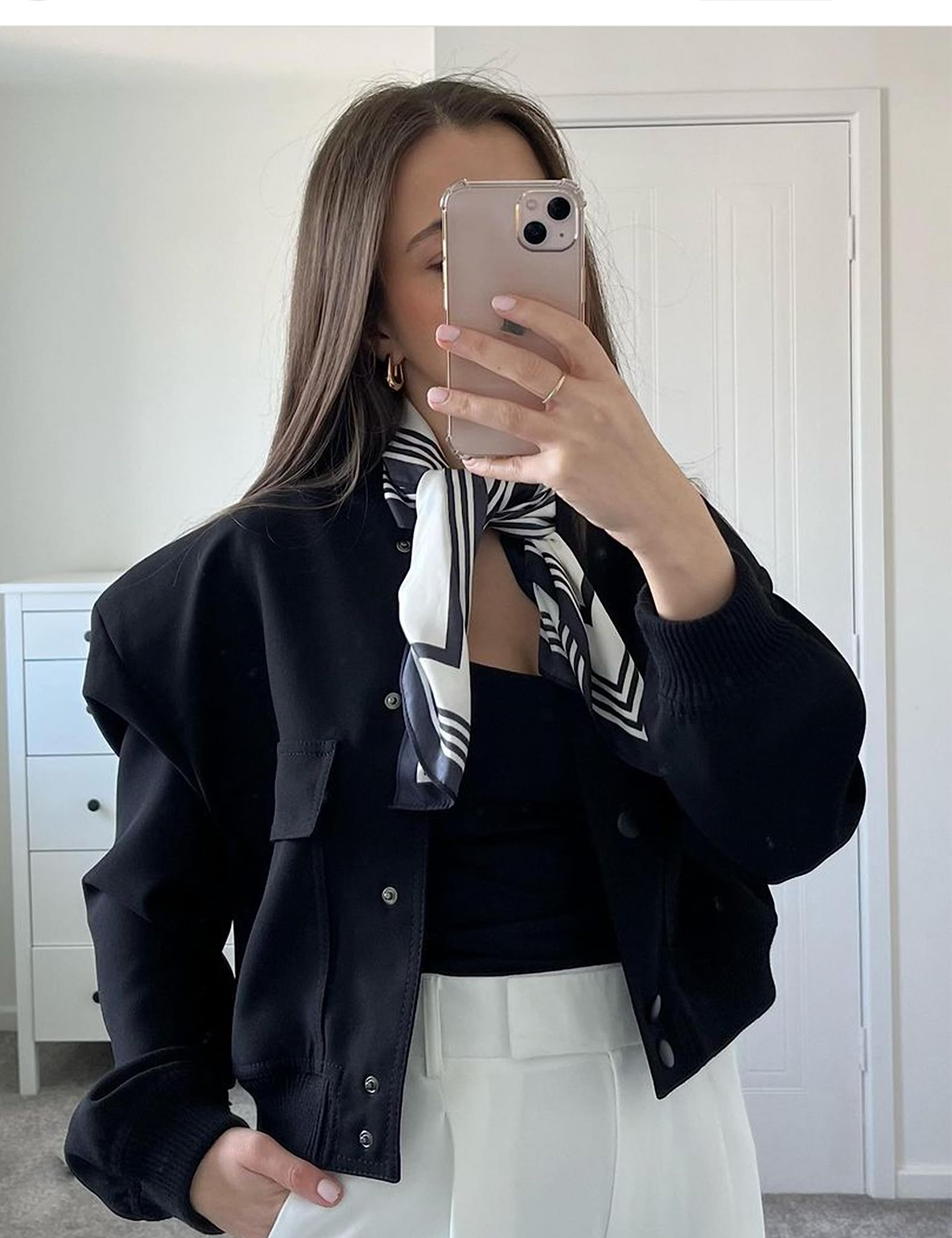 Megfie Womens Cropped Bomber Jacket Button Down Varsity Jackets Shackets with Pockets(0394-Black-M)