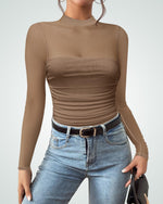 Load image into Gallery viewer, Kentysill Women&#39;s Sexy Bodysuit for Outfits: Mock Turtle Neck Long Sleeve Body Suit - Mesh Sheer Ruched Going Out Bodysuits Brown XXL
