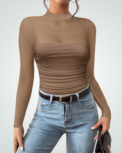 Kentysill Women's Sexy Bodysuit for Outfits: Mock Turtle Neck Long Sleeve Body Suit - Mesh Sheer Ruched Going Out Bodysuits Brown XXL