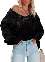 Load image into Gallery viewer, Dokotoo Fall Sweaters for Women V Neck Crochet Hollow Out Lightweight Oversized Fashion Winter Clothing 2025 Cable Knit Off The Shoulder Sweater Women's Clothing Black
