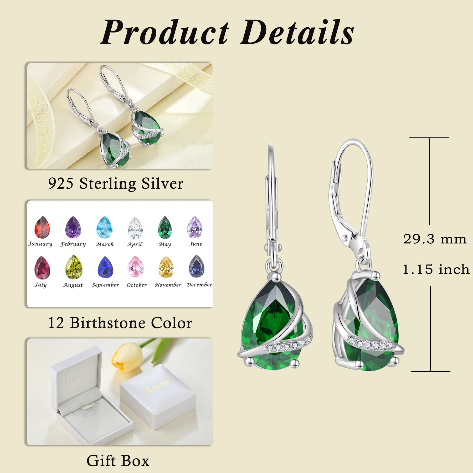 Rocayi May Birthstone Dangle Drop Earrings for Women 925 Sterling Silver Emerald Earrings Teardrop Leverback Jewelry Gifts for Wife Mother Her