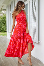 Load image into Gallery viewer, PRETTYGARDEN Women&#39;s Summer Floral Maxi Dress Knot One Shoulder Sleeveless Ruffle Flowy Boho Beach Wedding Guest Dresses (Red Floral,Small)
