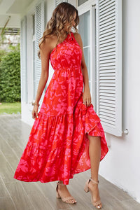 PRETTYGARDEN Women's Summer Floral Maxi Dress Knot One Shoulder Sleeveless Ruffle Flowy Boho Beach Wedding Guest Dresses (Red Floral,Small)