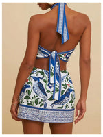 Load image into Gallery viewer, MakeMeChic Women&#39;s Chiffon Printed Halter Dress Tie Backless Criss Cross Cut Out Summer Mini Dresses Blue and White Medium
