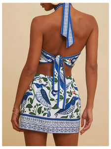 MakeMeChic Women's Chiffon Printed Halter Dress Tie Backless Criss Cross Cut Out Summer Mini Dresses Blue and White Medium