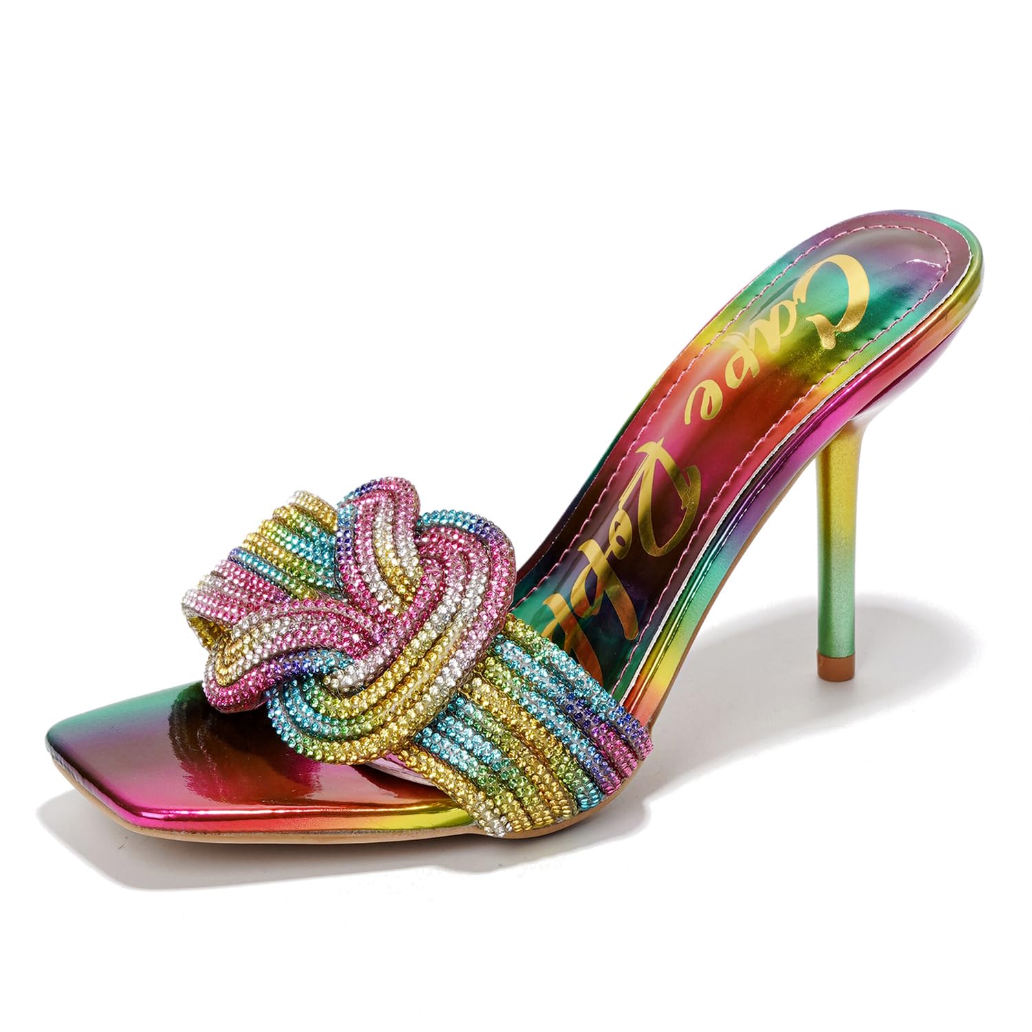 Cape Robbin Women's Stiletto Heels - Slip-On Sandals with Rhinestone-Embellished Knot & Open Toe (Flynn) - Rainbow Pink Green Yellow Multicolored Size 7