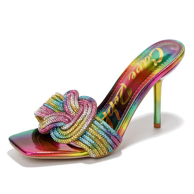 Cape Robbin Women's Stiletto Heels - Slip-On Sandals with Rhinestone-Embellished Knot & Open Toe (Flynn) - Rainbow Pink Green Yellow Multicolored Size 7