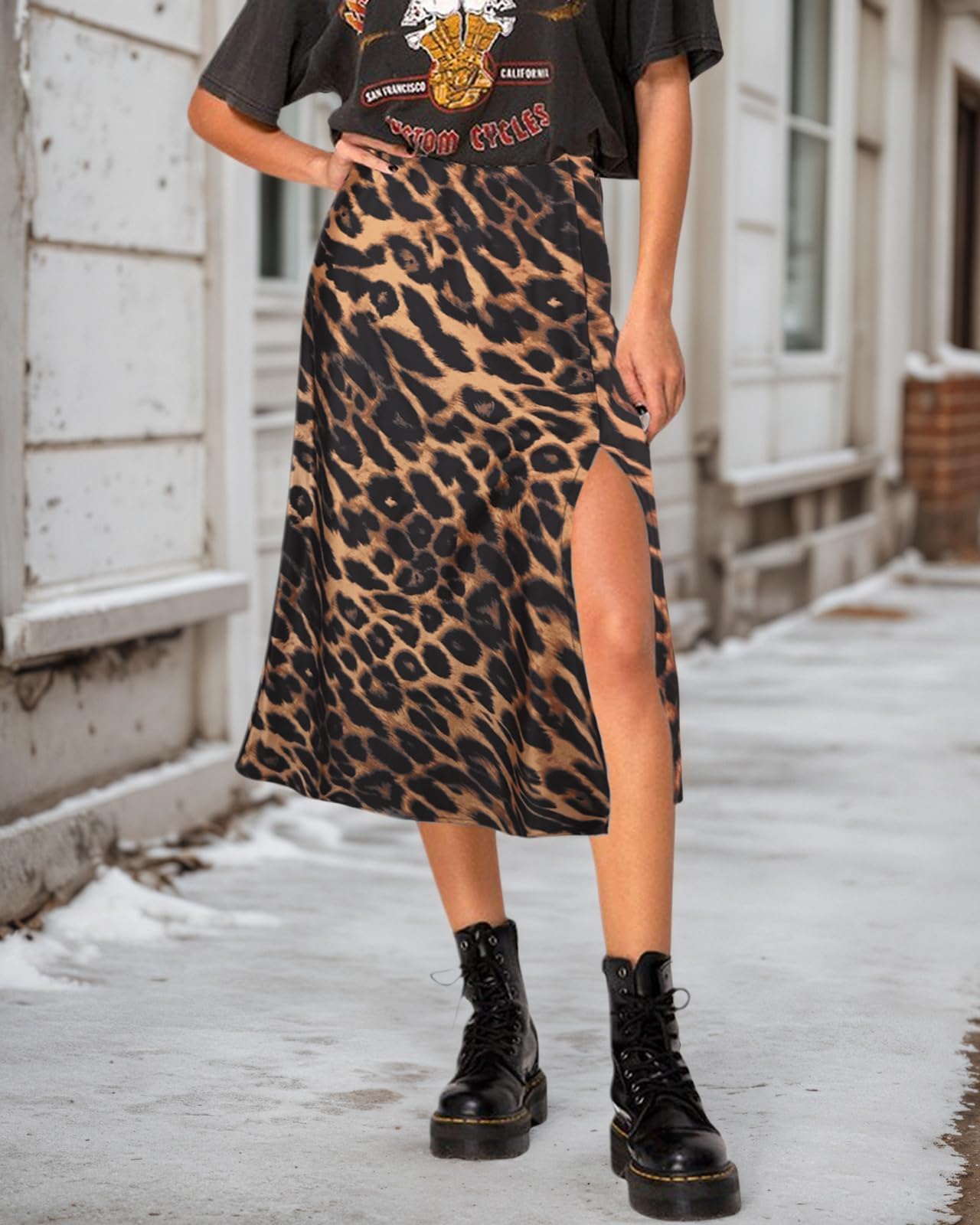 Women's Side Slit A Line Satin Midi Skirt Elastic High Waisted Cheetah Leopard Print Silk Long Skirts for Women