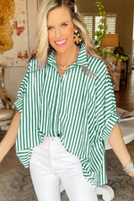 Load image into Gallery viewer, Women Green 2025 Summer Stripe Dolman Sleeve V Neck Oversize Shirt Tops Casual Button Up Short Sleeve Striped Blouse
