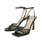 Load image into Gallery viewer, QIY Black Mesh Heels for Women Strappy Heels Stilettos 3 Inch Heel Square Open Toe Heel Faux Leather Black Sandal Dress Shoes Heeled Sandals Size 9
