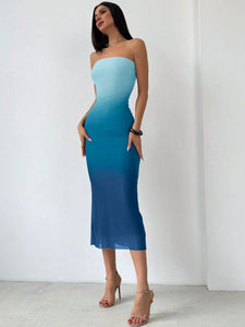 LIGHT DOT Women's Summer Dress Gradient Strapless Tube Dress Bodycon Long Dress Side Slit Mesh Layered (Blue,XL)