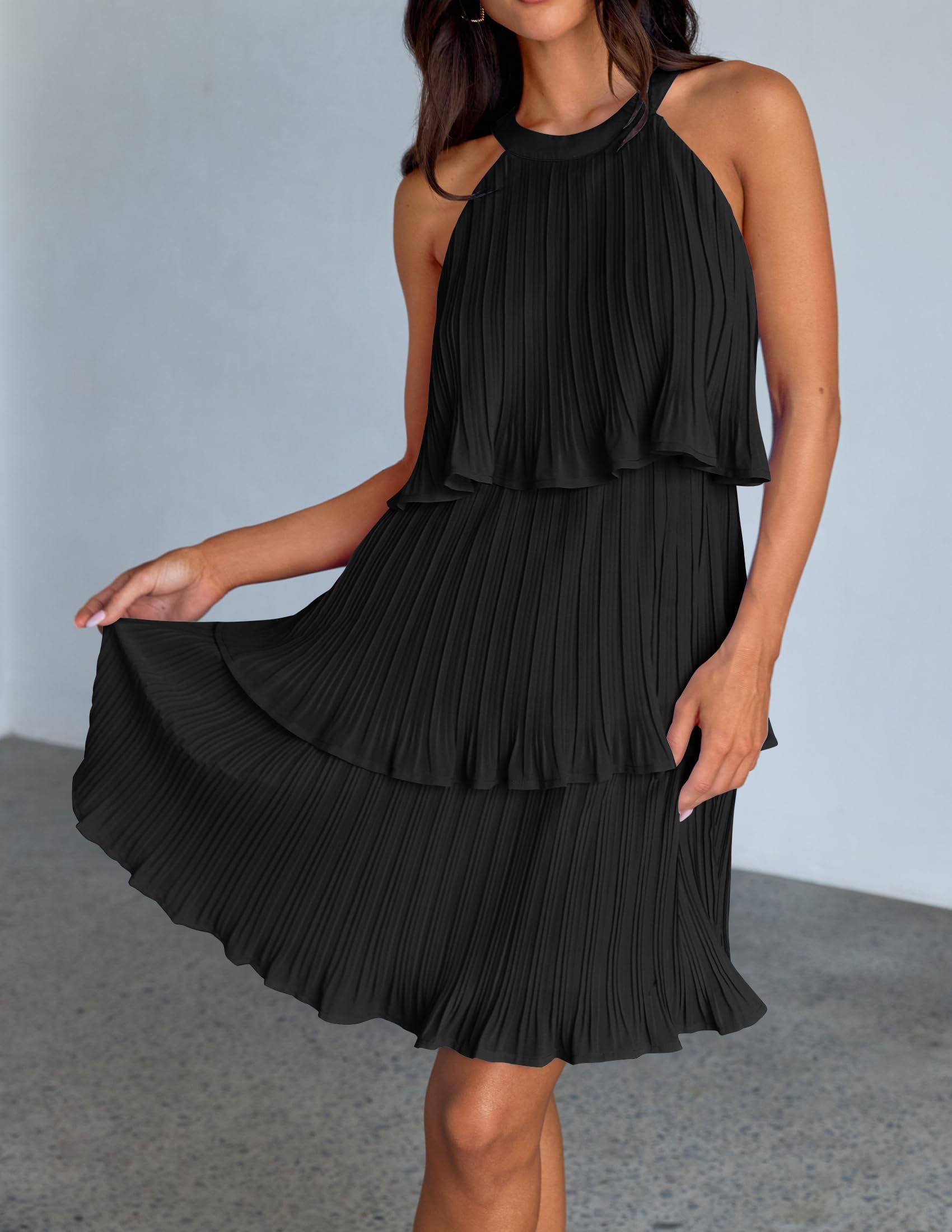 ZESICA Women's 2025 Summer Halter Dresses Sleeveless Ruffle Tiered Layered Chiffon Pleated A Line Swing Mini Dress,DarkBlack,Medium