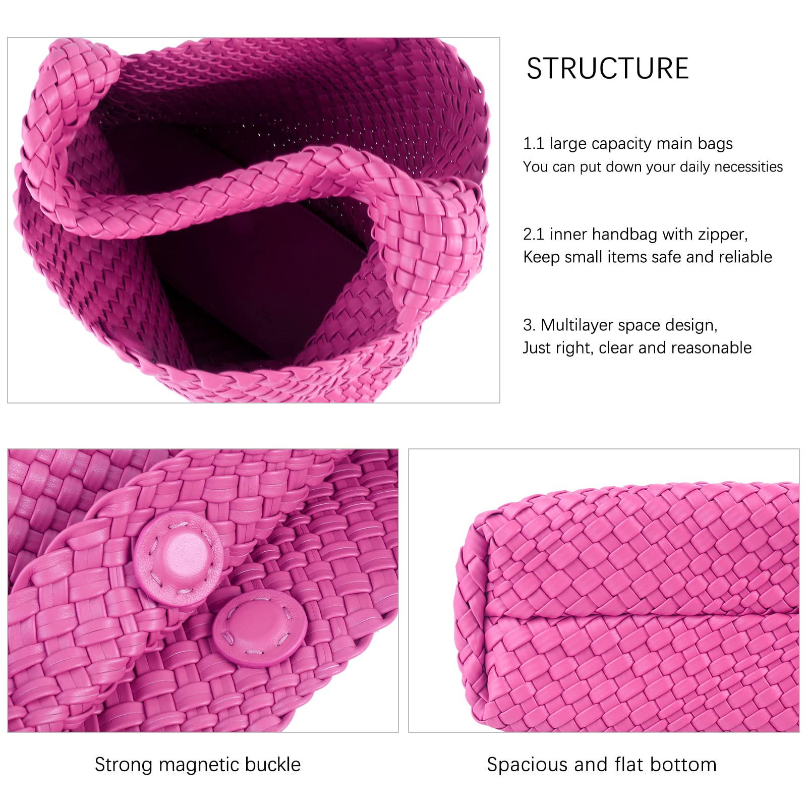 LMKIDS Women Vegan Leather Hand-Woven Tote Handbag Fashion Shoulder Top-handle Bag All-Match Underarm Bag with Purse (Rose Red)