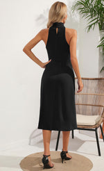 Load image into Gallery viewer, ALENDA DANMOS Women&#39;s Sleeveless Bodycon Halter High Neck Midi Dress Thigh High Slit Cocktail Party Dress 193(X-Small,Black)
