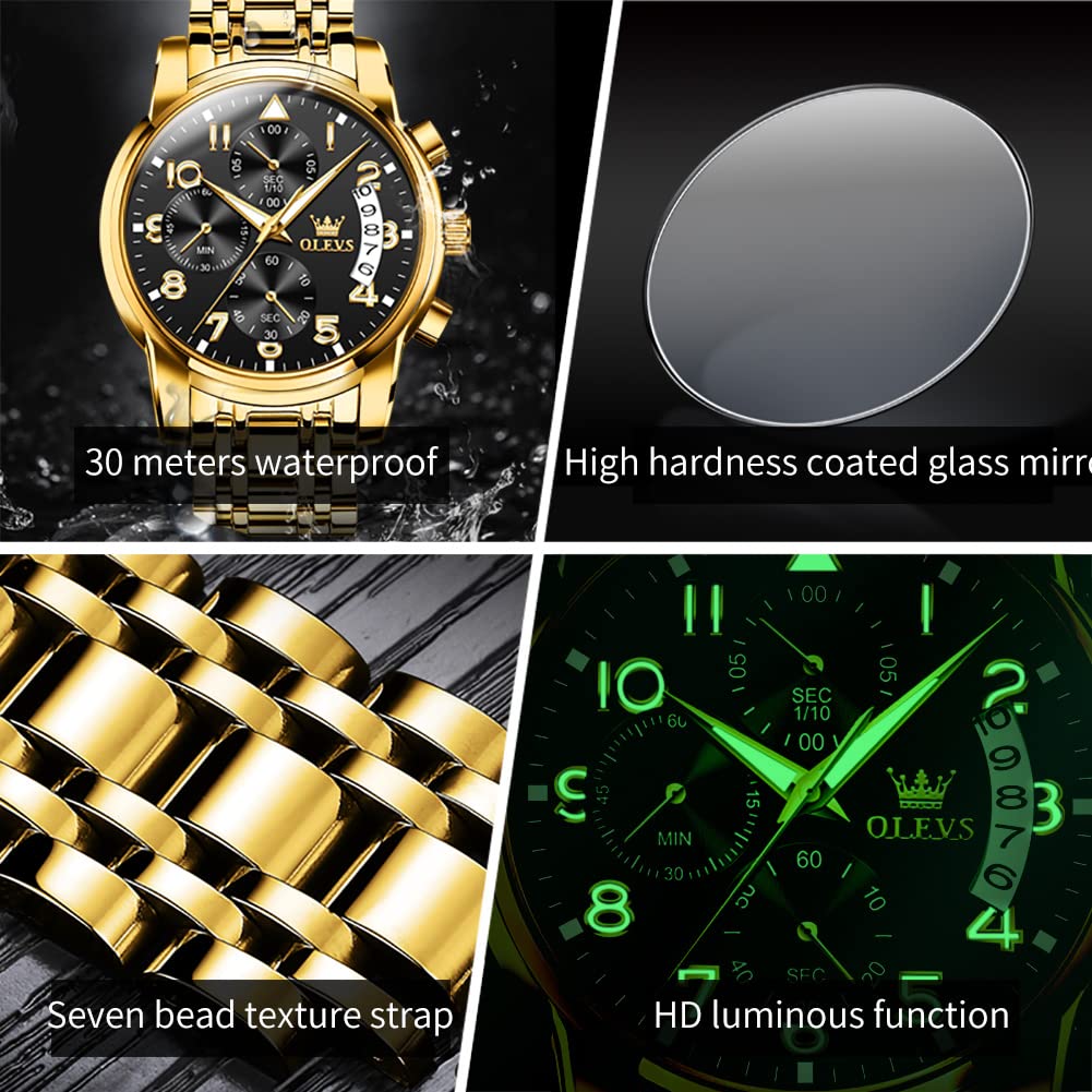 OLEVS Watches for Men,Mens Watches,Mens Gold Watch Big Large Face Black and Gold Waterproof Stainless Steel Dress Chronograph Luxury Water Resistant Fashion Roman Numerals Wrist Watch,Reloj Hombre