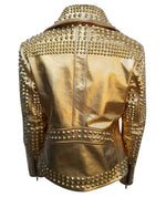 Load image into Gallery viewer, Metal Studs and Spikes Brando Ladies Leather Jacket - Handmade Punk Rock Golden Leather Jacket

