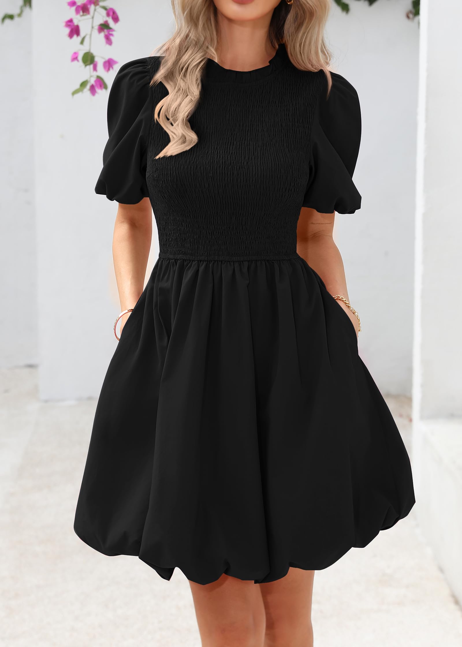 KIRUNDO Womens Summer Smocked Mini Dress 2025 Spring Puff Short Sleeve Boho Ruffle Crewneck Bubble A Line Short Dresses(Black, Medium)