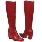 Load image into Gallery viewer, Oiamenne Red Boots for Women Knee High Square Toe Chunky Heel Leather Tall Boots with Side Zipper Fashion Wide Calf Long Boots,Size 8.5
