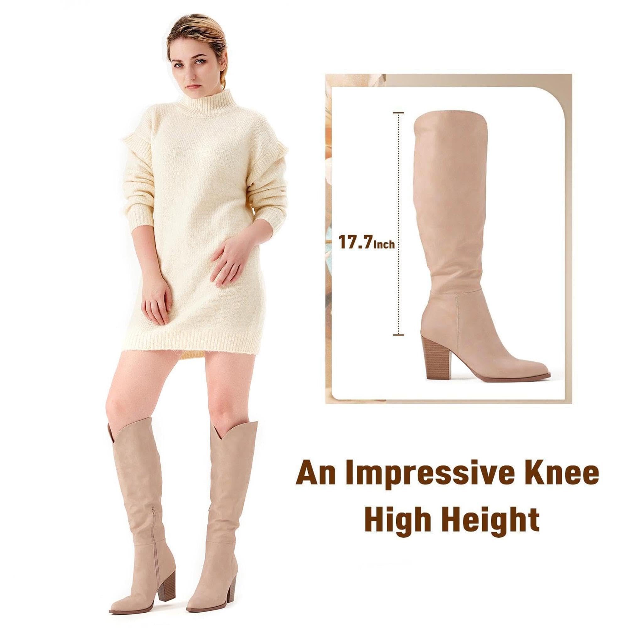 Putu Womens's Knee High Boots High Heel Western Boots Pointed Toe Tall Boots Faux Leather Nude 5.5