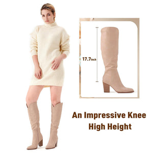 Putu Womens's Knee High Boots High Heel Western Boots Pointed Toe Tall Boots Faux Leather Nude 5.5