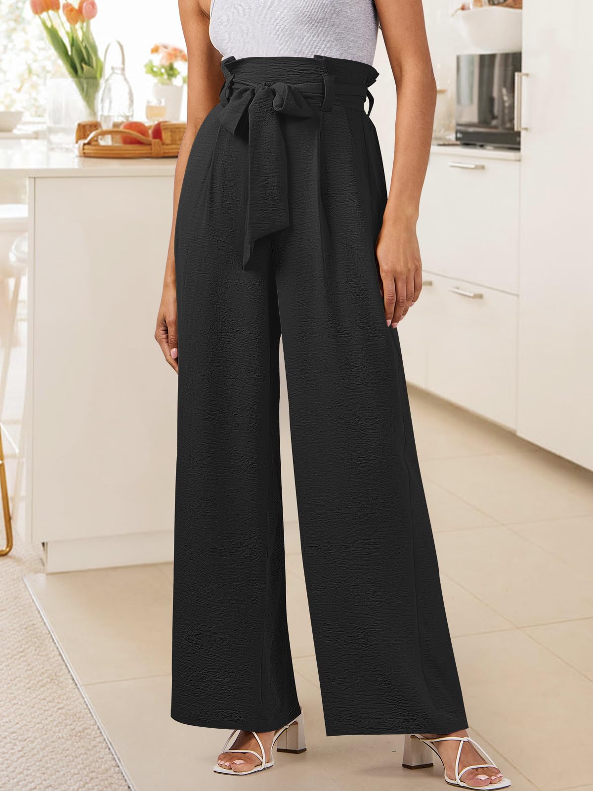 ANRABESS Womens Wide Leg Palazzo Pants Belted High Waisted Business Casual Flowy Long Trousers with Pockets Black-S