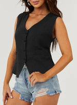 Load image into Gallery viewer, Dokotoo Women's Fashion Dressy Vest V Neck Buttons Side Pockets Business Casual Vests Versatile Outerwear Suit Waistcoats Black Medium
