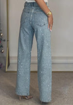 Load image into Gallery viewer, Famnbro Womens Rhinestone Jeans Baggy Y2K High Waisted Straight Wide Leg Sparkly Bling Glitter Denim Pants Blue
