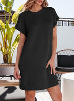 Load image into Gallery viewer, EVALESS Womens Summer Dresses 2025 Fashion Short Sleeve Cute Spring Mini Dress Crewneck Solid Casual Beach Vacation Clothes Tshirt Dresses with Pockets Black Small
