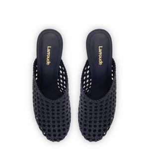 Larroudé, Dew Drop Macrame Mule In Navy Leather, 10, Navy