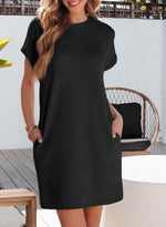 Load image into Gallery viewer, EVALESS Womens Summer Dresses 2025 Fashion Short Sleeve Cute Spring Mini Dress Crewneck Solid Casual Beach Vacation Clothes Tshirt Dresses with Pockets Black Small

