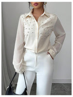 Load image into Gallery viewer, SweatyRocks Women's Pearl Elegant Tops Button Down Shirts Long Sleeve Work Office Blouse Apricot Small
