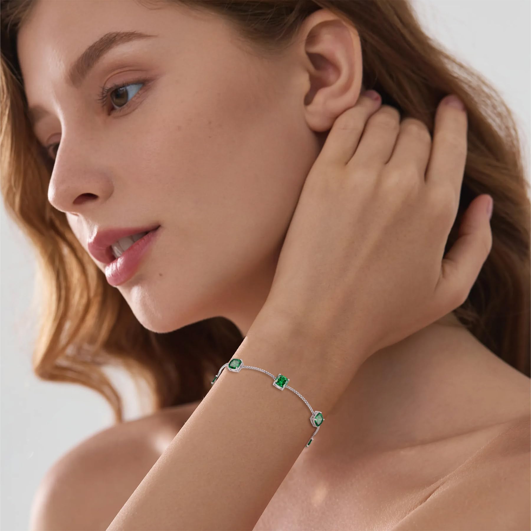 Inpasne Emerald Bracelet for Women 925 Sterling Silver Princess Cut Link Bracelet May Birthstone Jewelry Gifts for Her